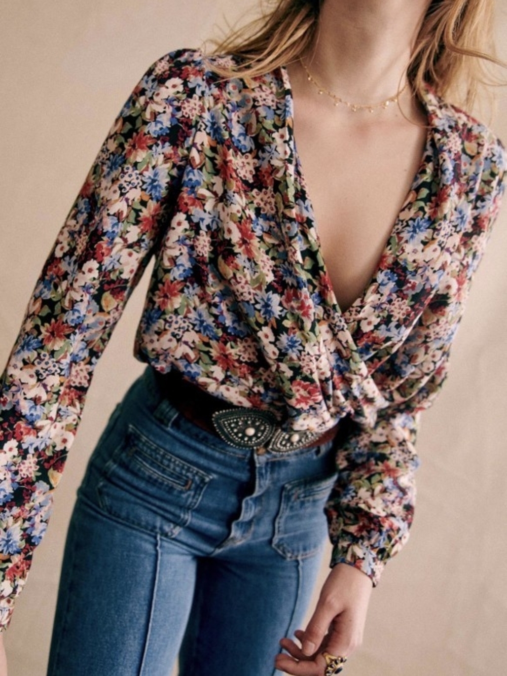 Sezane Abélia Blouse Multi-Color Floral Wrap Long sleeves Blouse